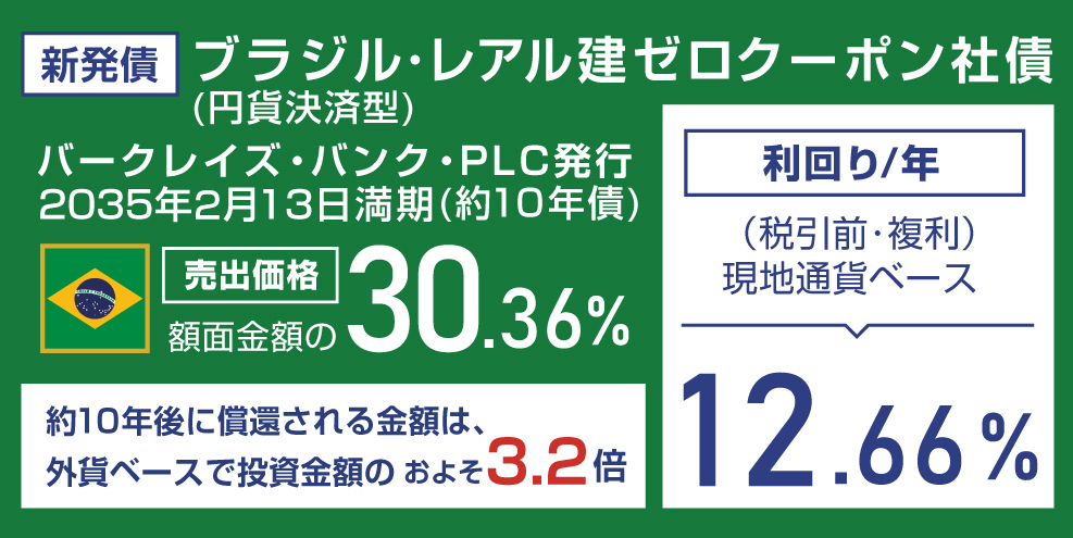 ブラジル・レアル建ゼロクーポン債-利回り/年 10.83%(税引前)、-売出価格 額面金額の59.78%、