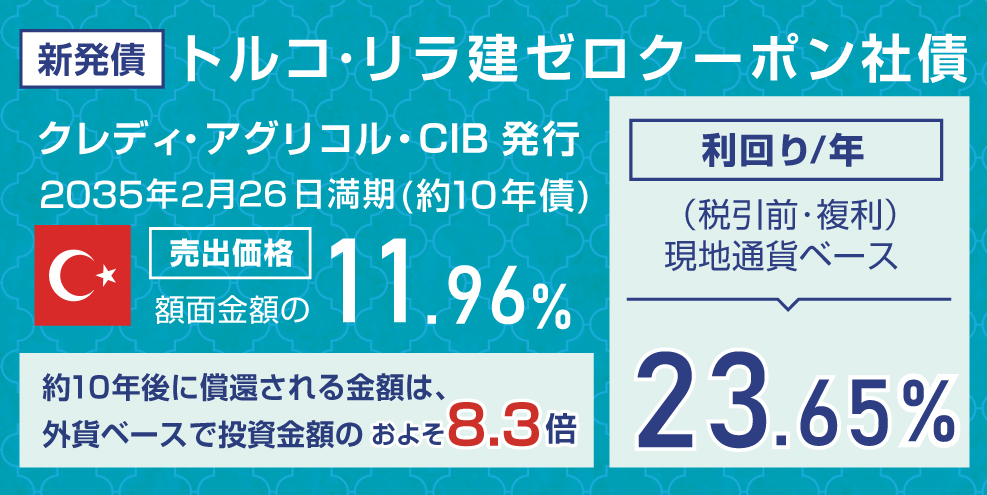 トルコ・リラ建ゼロクーポン債-利回り/年 22.617%(税引前)、-売出価格 額面金額の13.09%、